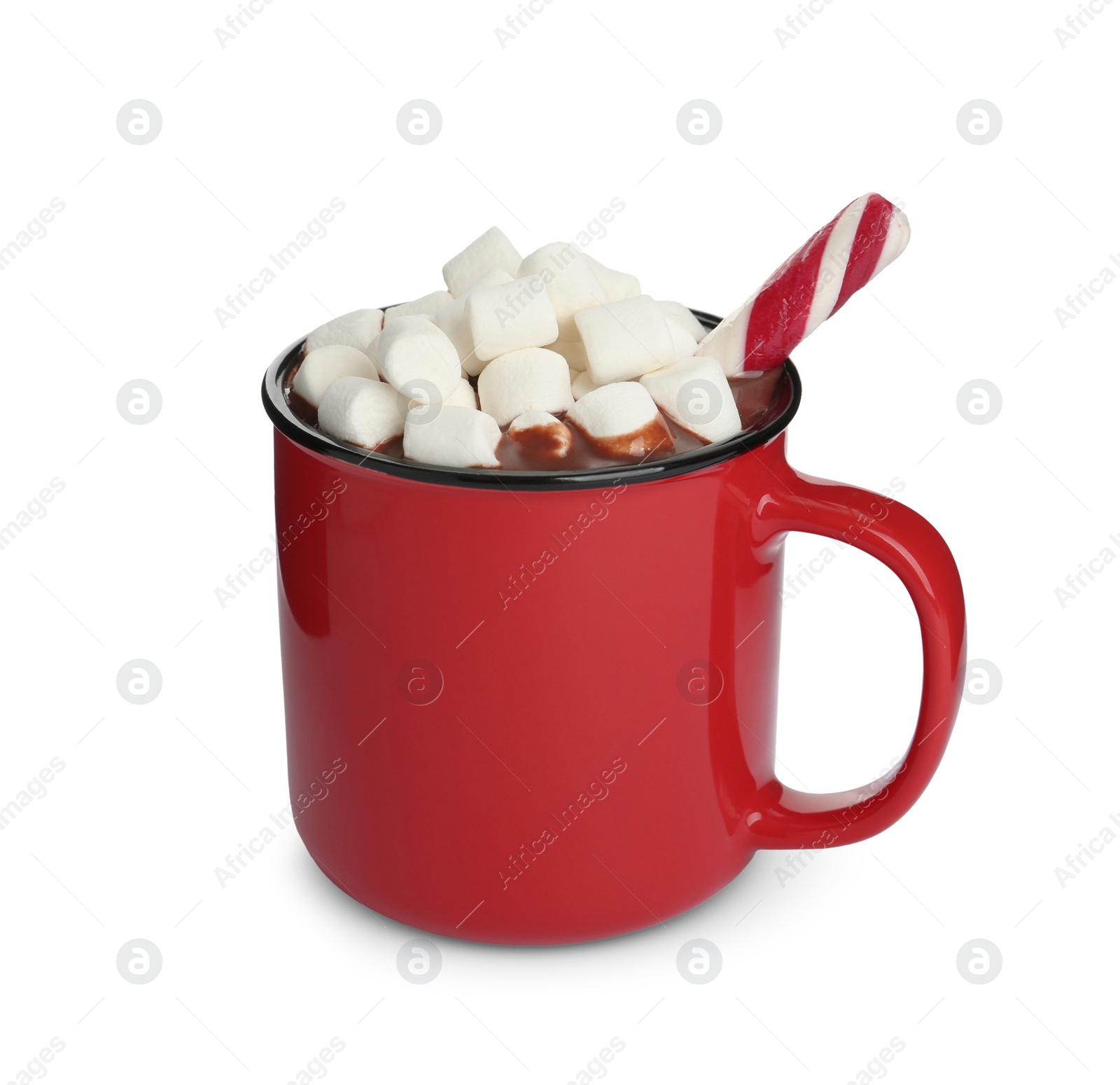 Photo of Cup of delicious hot chocolate with marshmallows and candy cane isolated on white