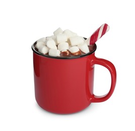 Cup of delicious hot chocolate with marshmallows and candy cane isolated on white