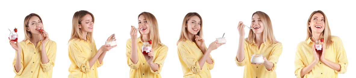 Collage with photos of young beautiful woman with tasty yogurt on white background. Banner design