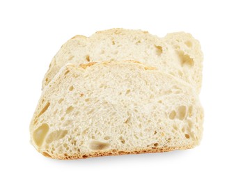 Photo of Slices of freshly baked sourdough bread isolated on white, top view