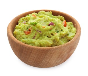 Bowl of delicious guacamole isolated on white