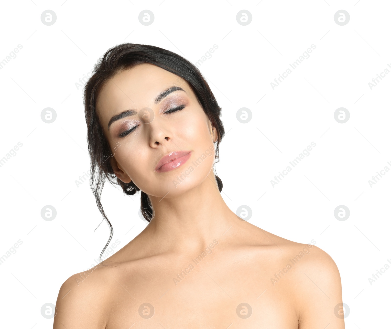 Photo of Portrait of young woman with beautiful hair on white background