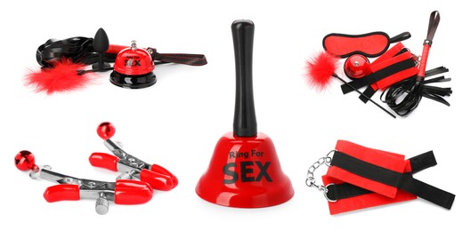 Image of Set of different sex toys on white background, banner design
