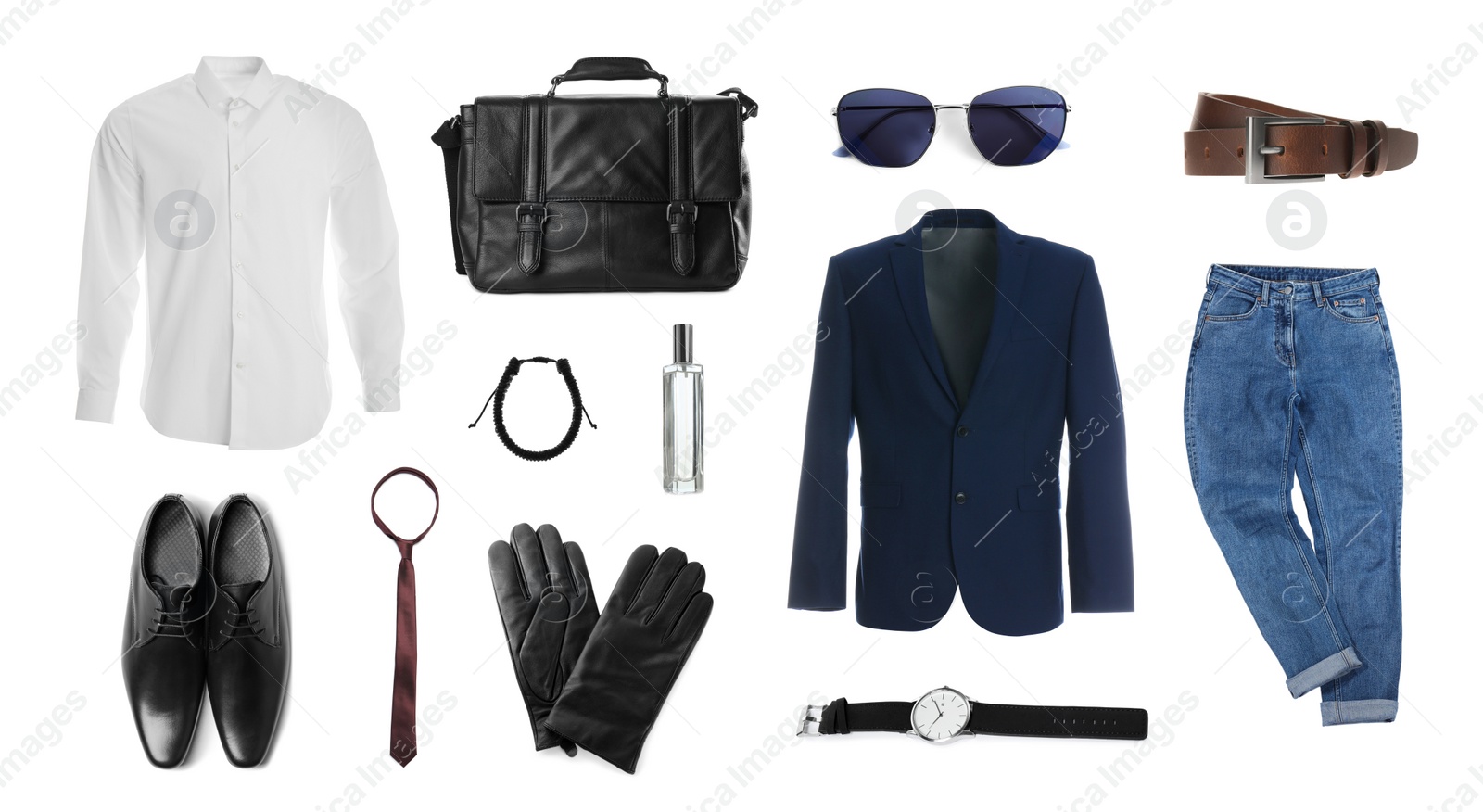 Image of Stylish men's outfit. Collage with modern clothes, gloves and other accessories on white background, banner design 