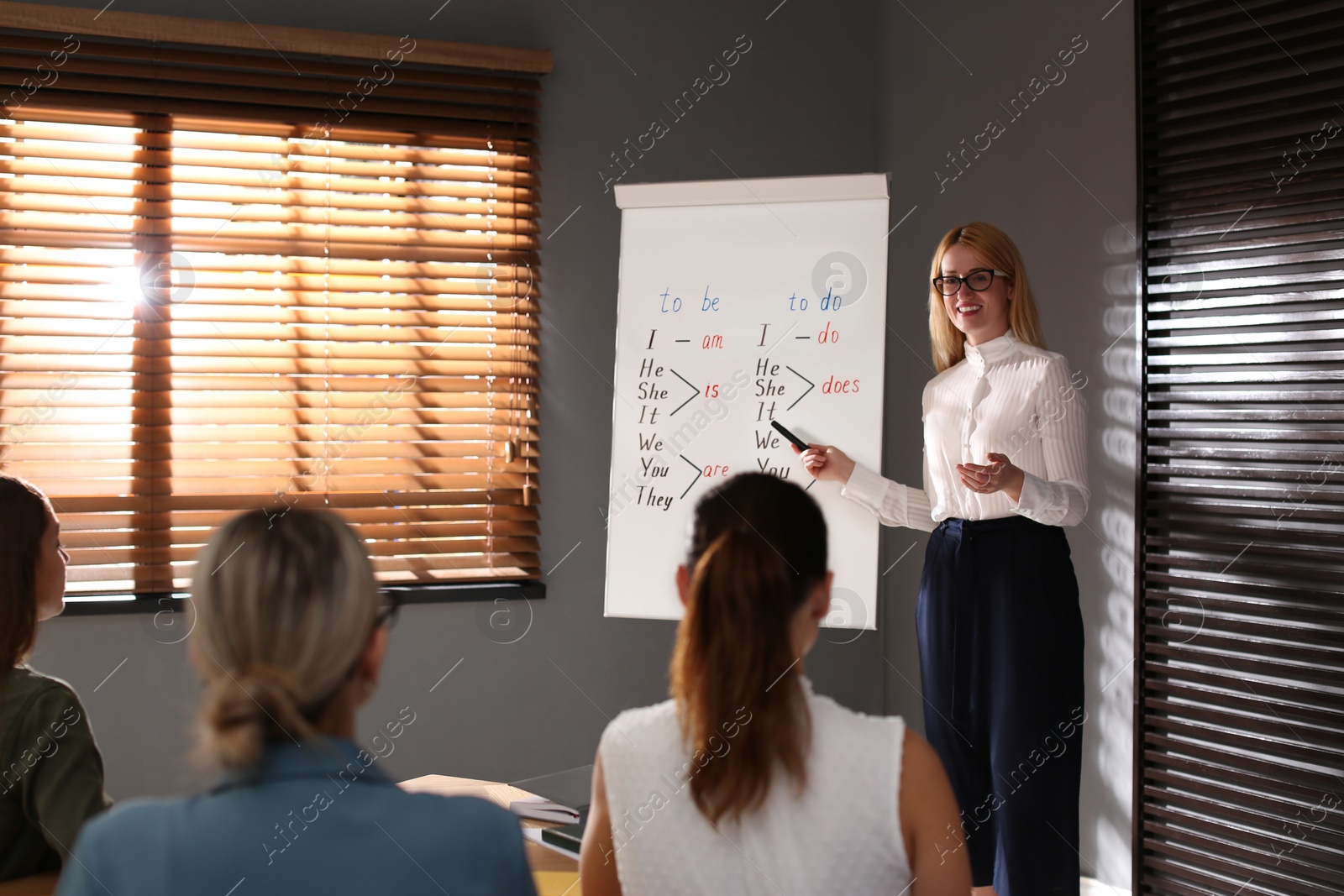 Photo of English teacher with students in class at lesson