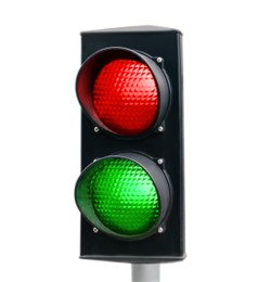 Image of Traffic light with red and green signals on white background