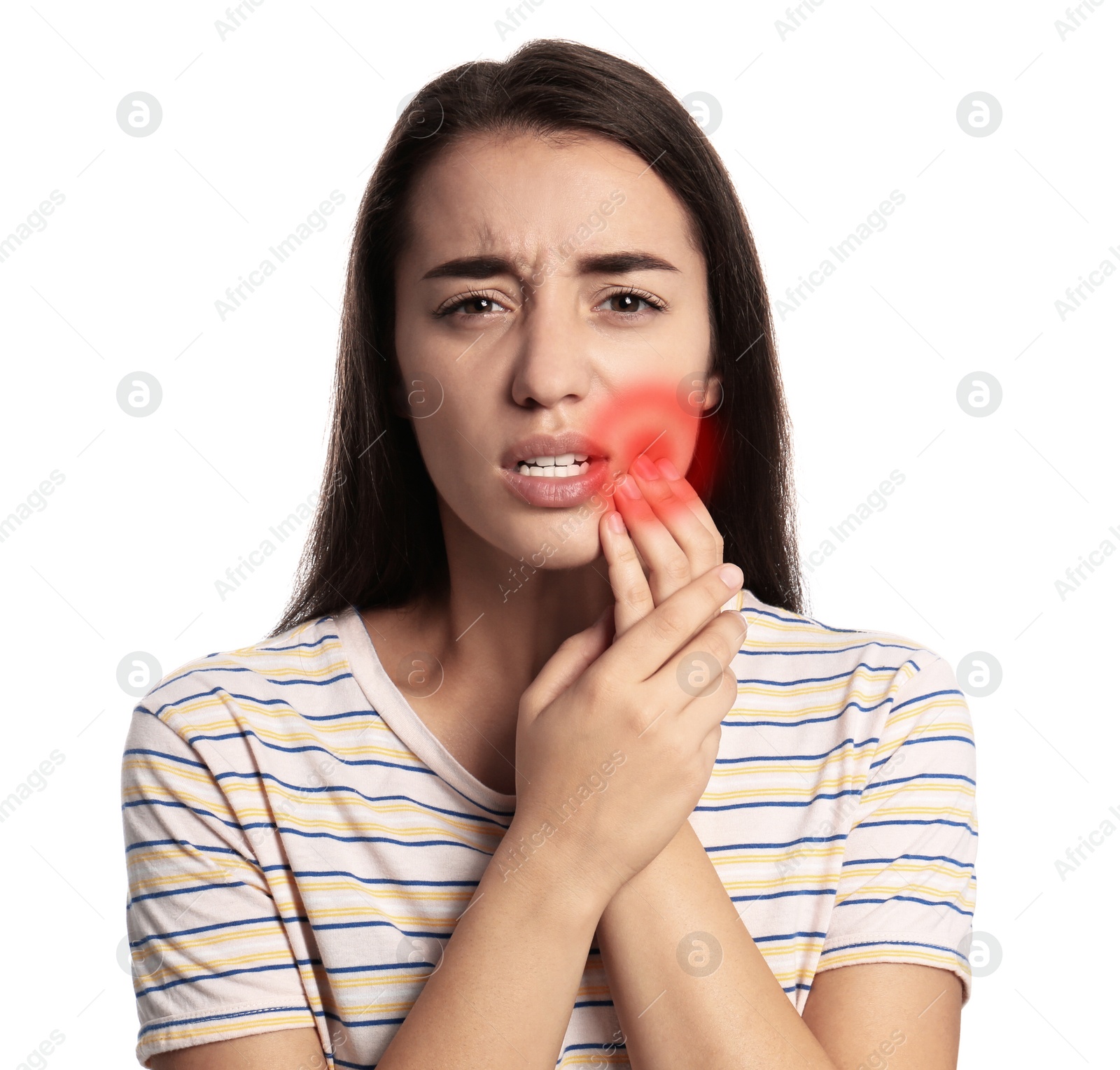 Image of Young woman suffering from toothache on white background