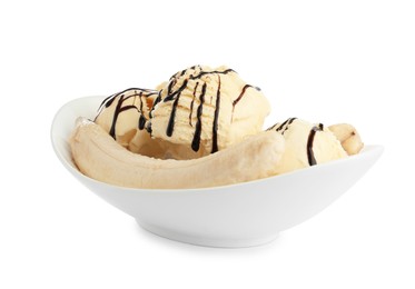 Photo of Delicious banana split ice cream with chocolate topping isolated on white