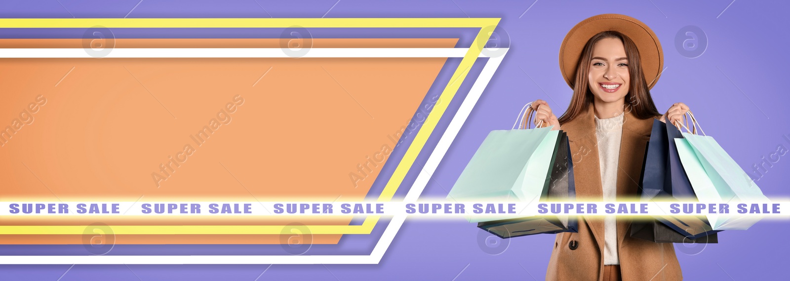 Image of Sale banner or flyer design. Happy young woman with shopping bags on color background, space for text