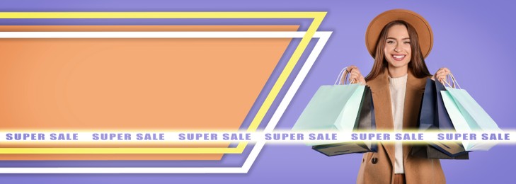 Image of Sale banner or flyer design. Happy young woman with shopping bags on color background, space for text