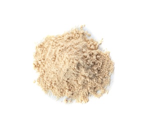 Photo of Pile of sesame flour isolated on white, top view