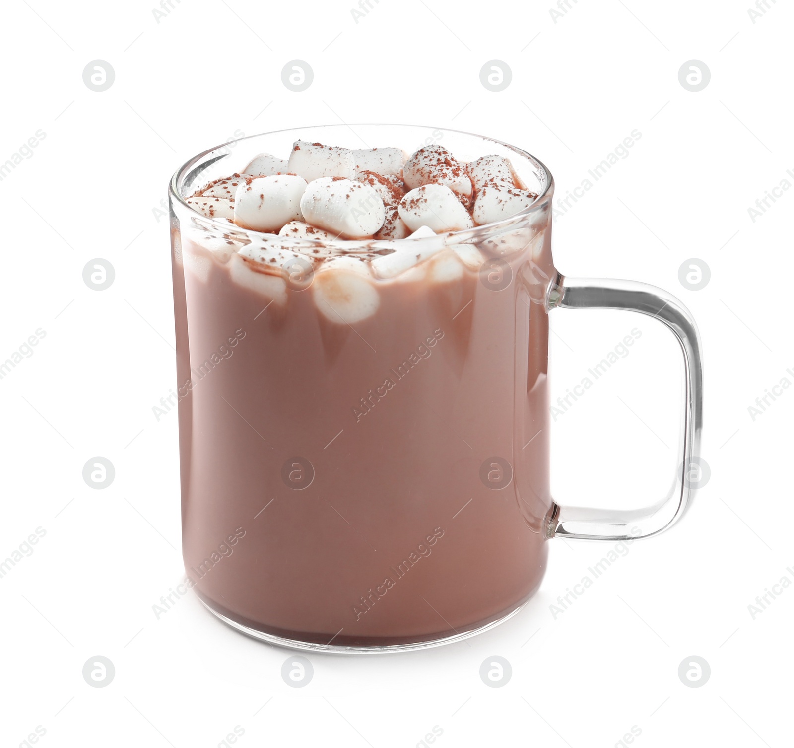 Photo of Hot drink with marshmallows in glass cup isolated on white