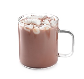 Photo of Hot drink with marshmallows in glass cup isolated on white