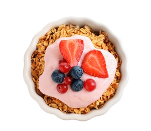 Photo of Bowl with yogurt, berries and granola on white background, top view