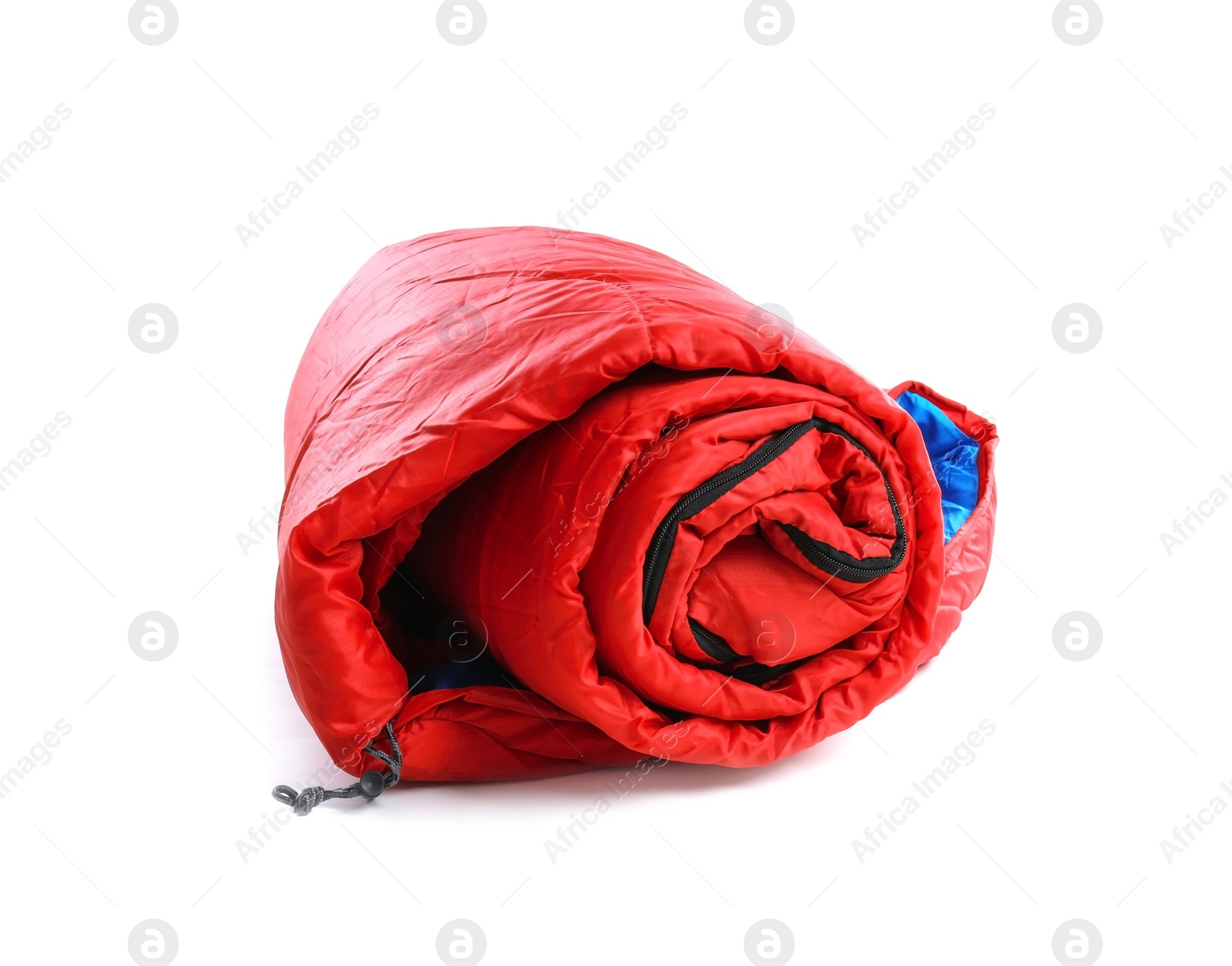 Photo of Rolled sleeping bag on white background. Camping equipment