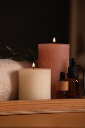 Beautiful composition with different spa products on table