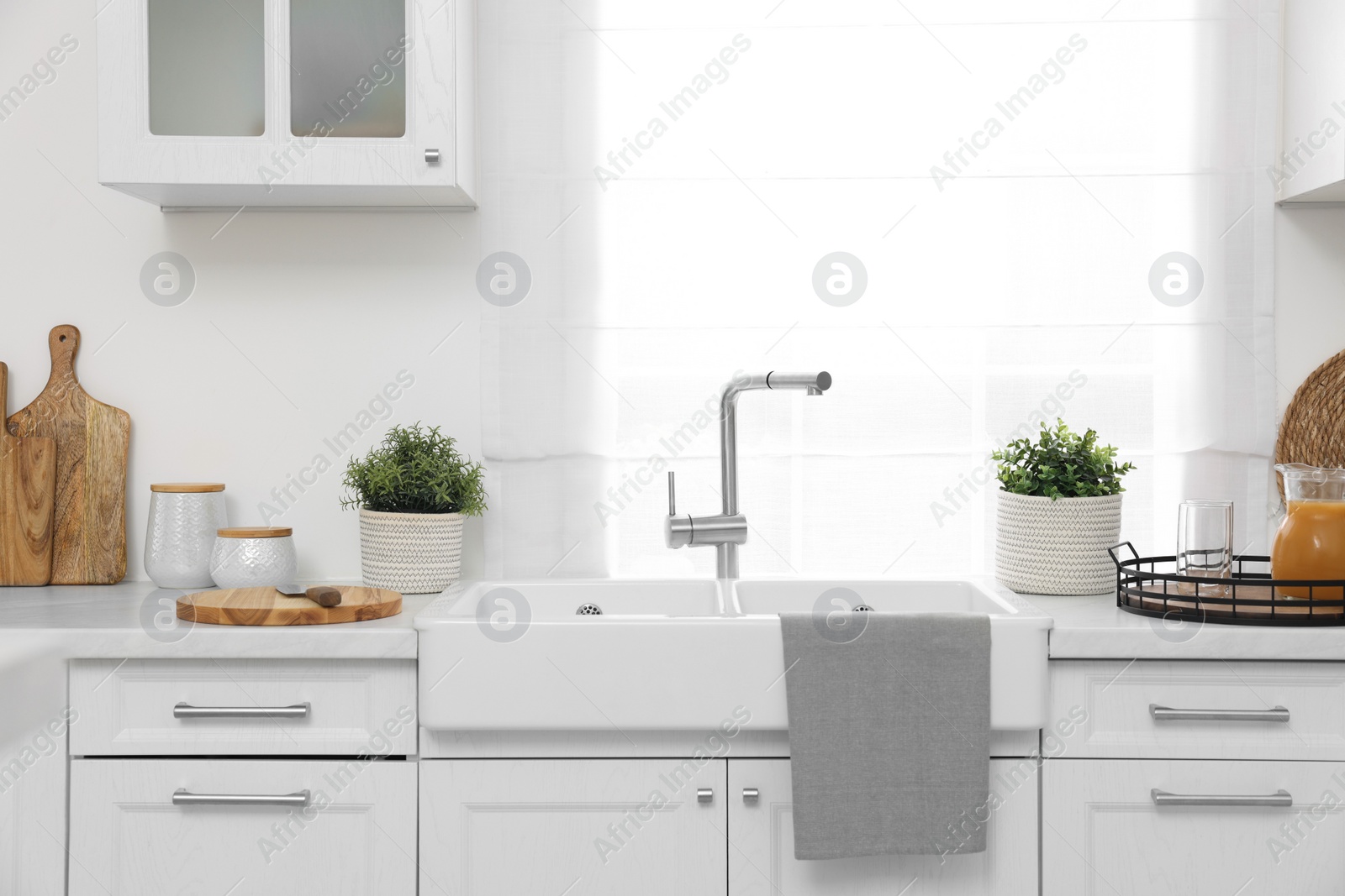 Photo of Different potted artificial plants on countertop in kitchen. Home decor