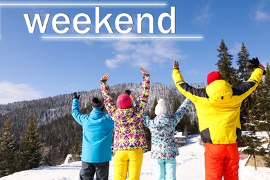 Image of Hello Weekend. Group of friends in snowy mountains, back view