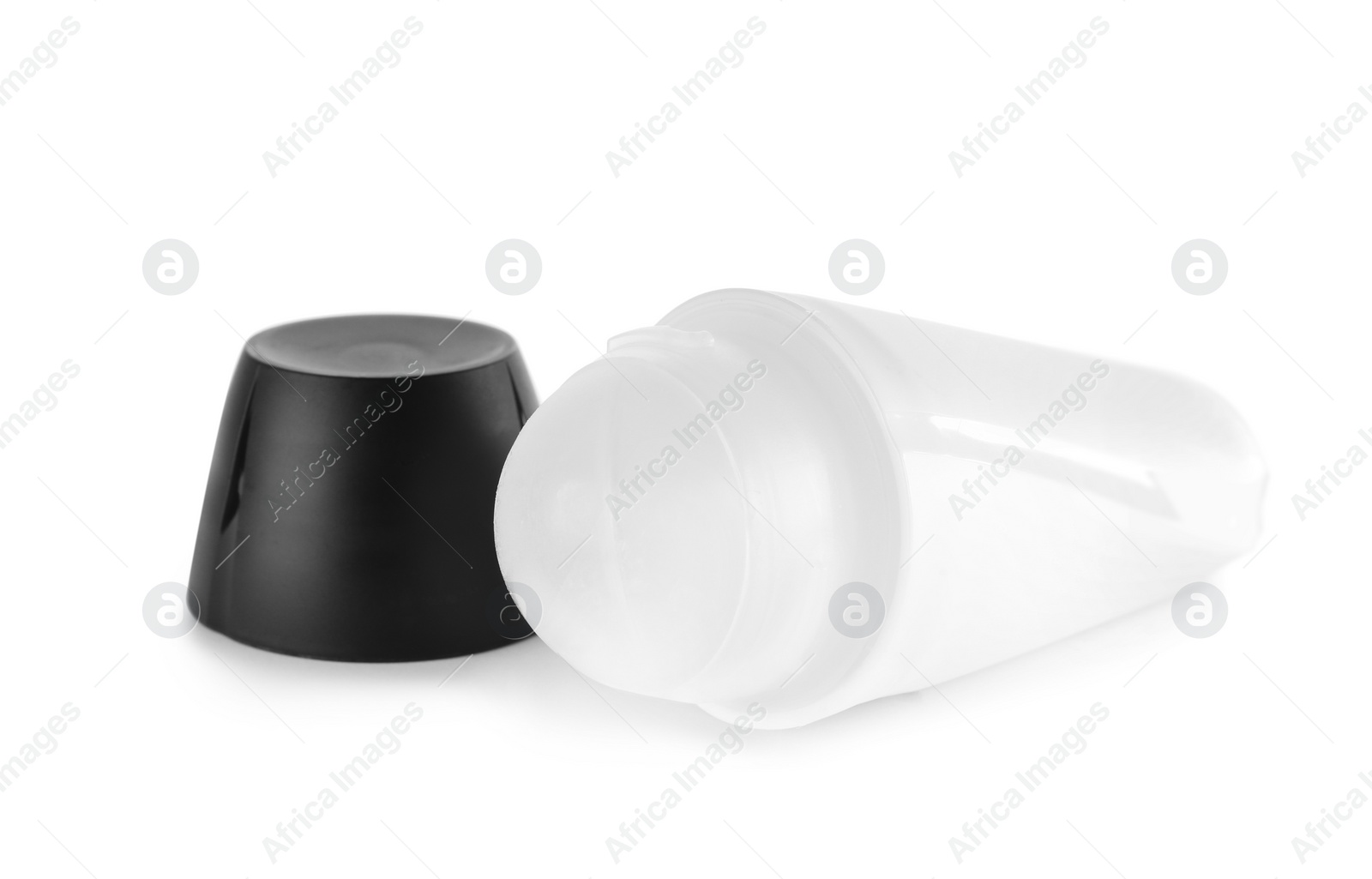 Photo of Open plastic deodorant container on white background