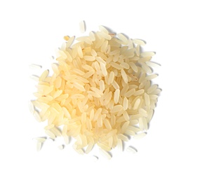 Photo of Uncooked parboiled rice on white background, top view