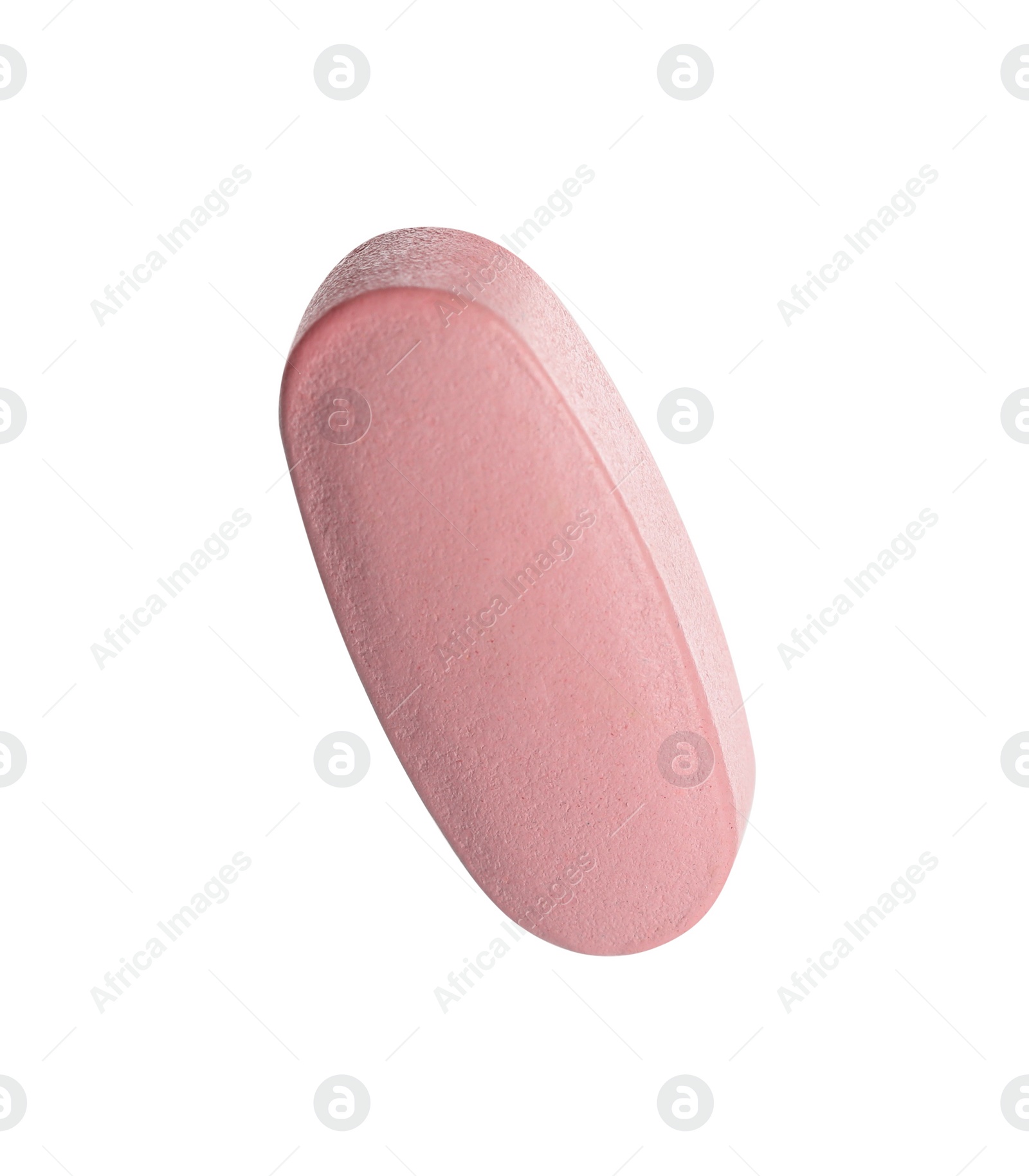 Photo of One pink pill isolated on white. Medicinal treatment