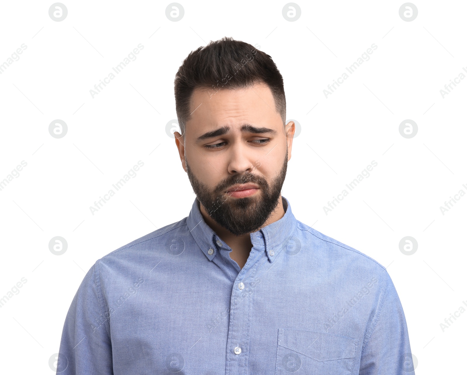 Photo of Portrait of sad man on white background