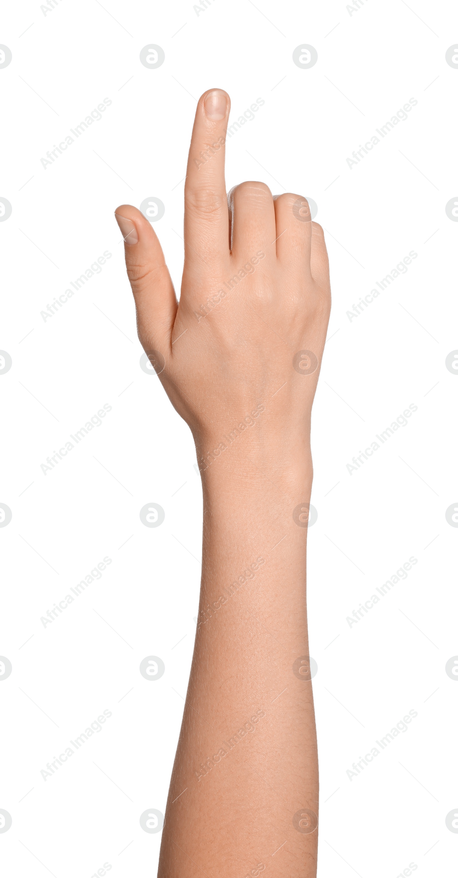 Photo of Woman pointing at something on white background, closeup of hand