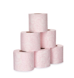 Photo of Rolls of toilet paper on white background