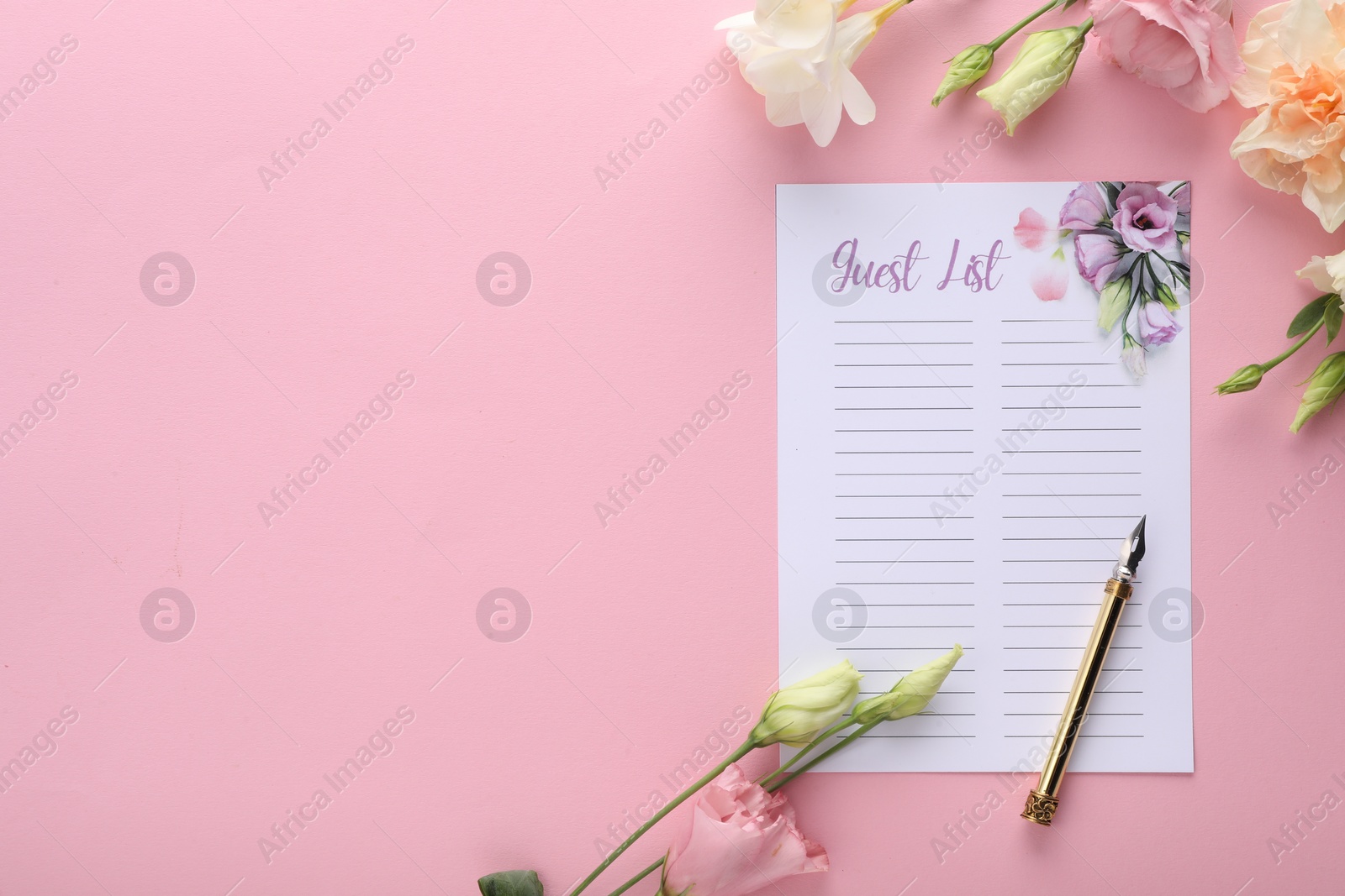 Photo of Guest list, pen and beautiful flowers on pink background, flat lay. Space for text