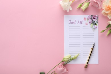 Guest list, pen and beautiful flowers on pink background, flat lay. Space for text