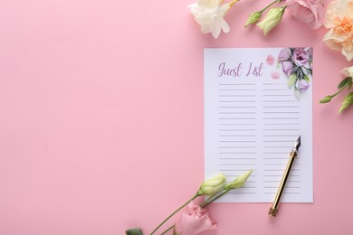 Photo of Guest list, pen and beautiful flowers on pink background, flat lay. Space for text