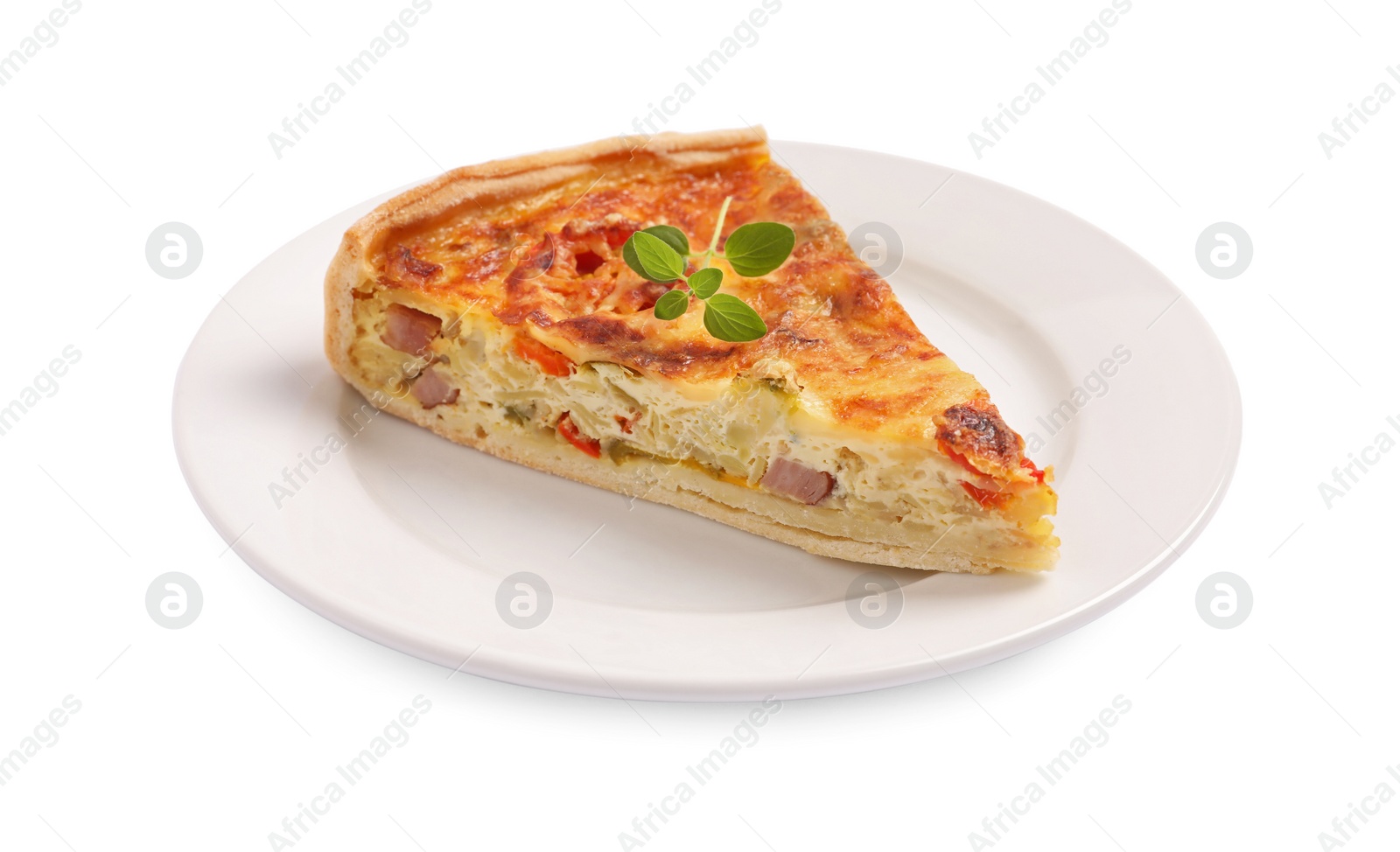 Photo of Piece of delicious homemade vegetable quiche isolated on white