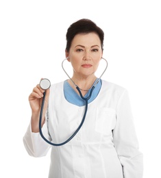 Photo of Portrait of female doctor with stethoscope isolated on white. Medical staff