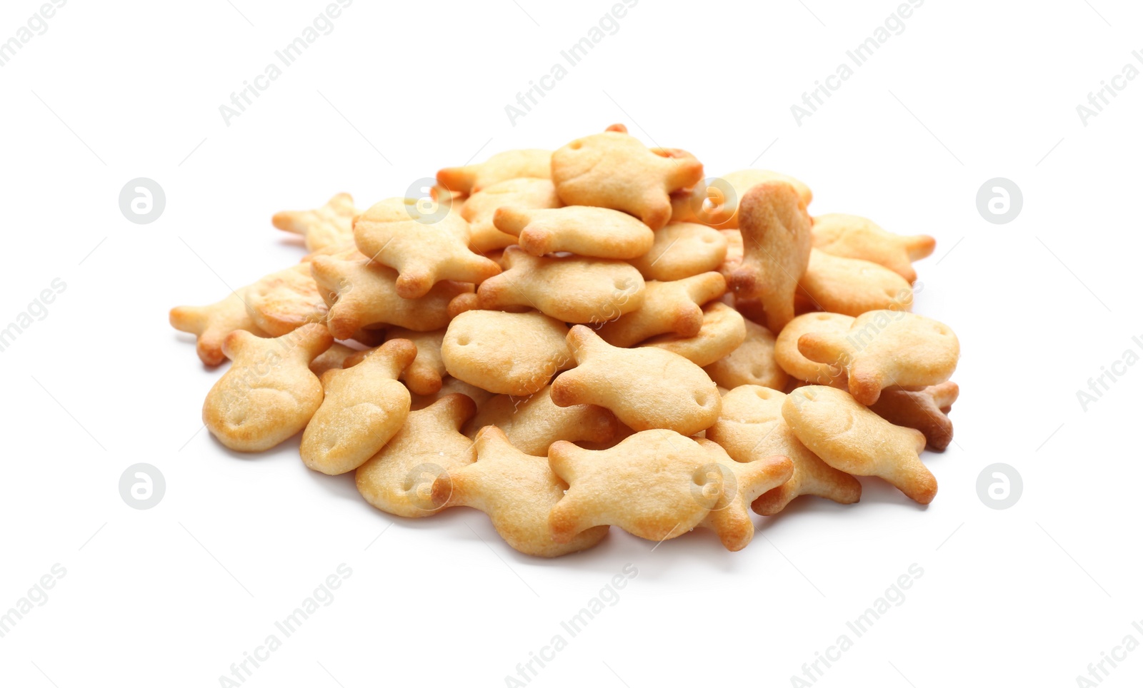 Photo of Delicious crispy goldfish crackers on white background