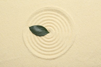 Photo of Zen rock garden. Circle pattern and green leaf on beige sand, top view