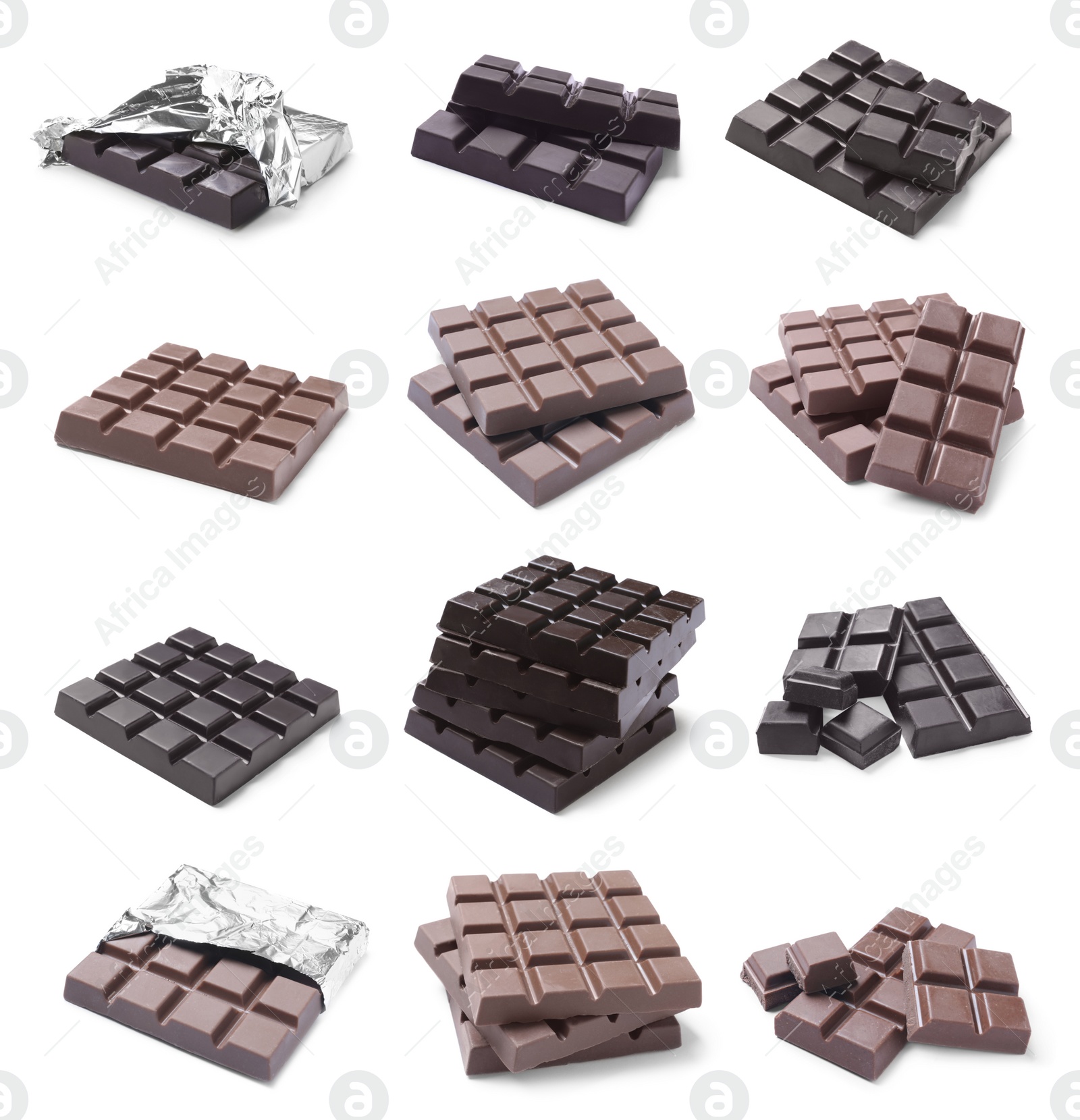 Image of Set with different chocolate bars on white background