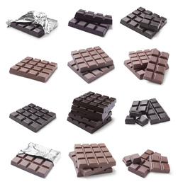 Image of Set with different chocolate bars on white background