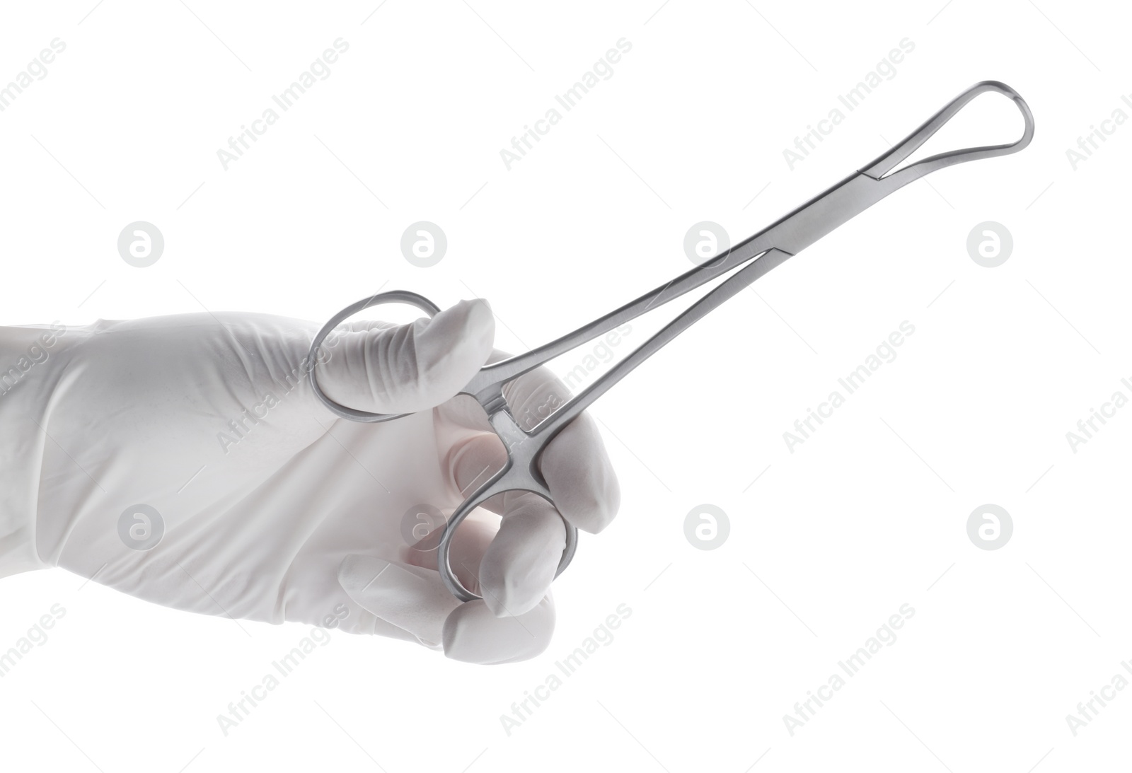 Photo of Doctor holding surgical forceps on white background, closeup. Medical instrument