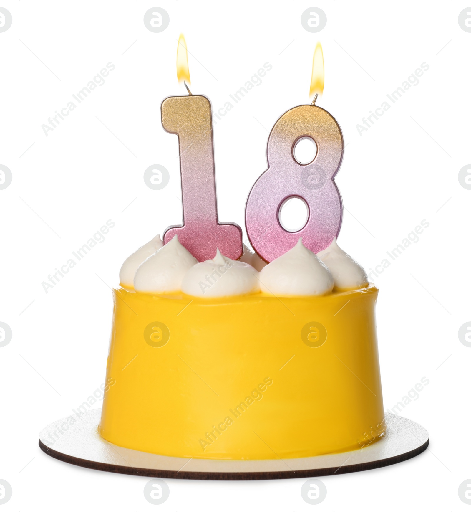 Photo of 18th birthday. Delicious cake with number shaped candles for coming of age party isolated on white