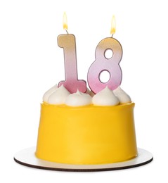 Photo of 18th birthday. Delicious cake with number shaped candles for coming of age party isolated on white