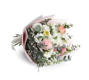 Photo of Bouquet of beautiful flowers on white background