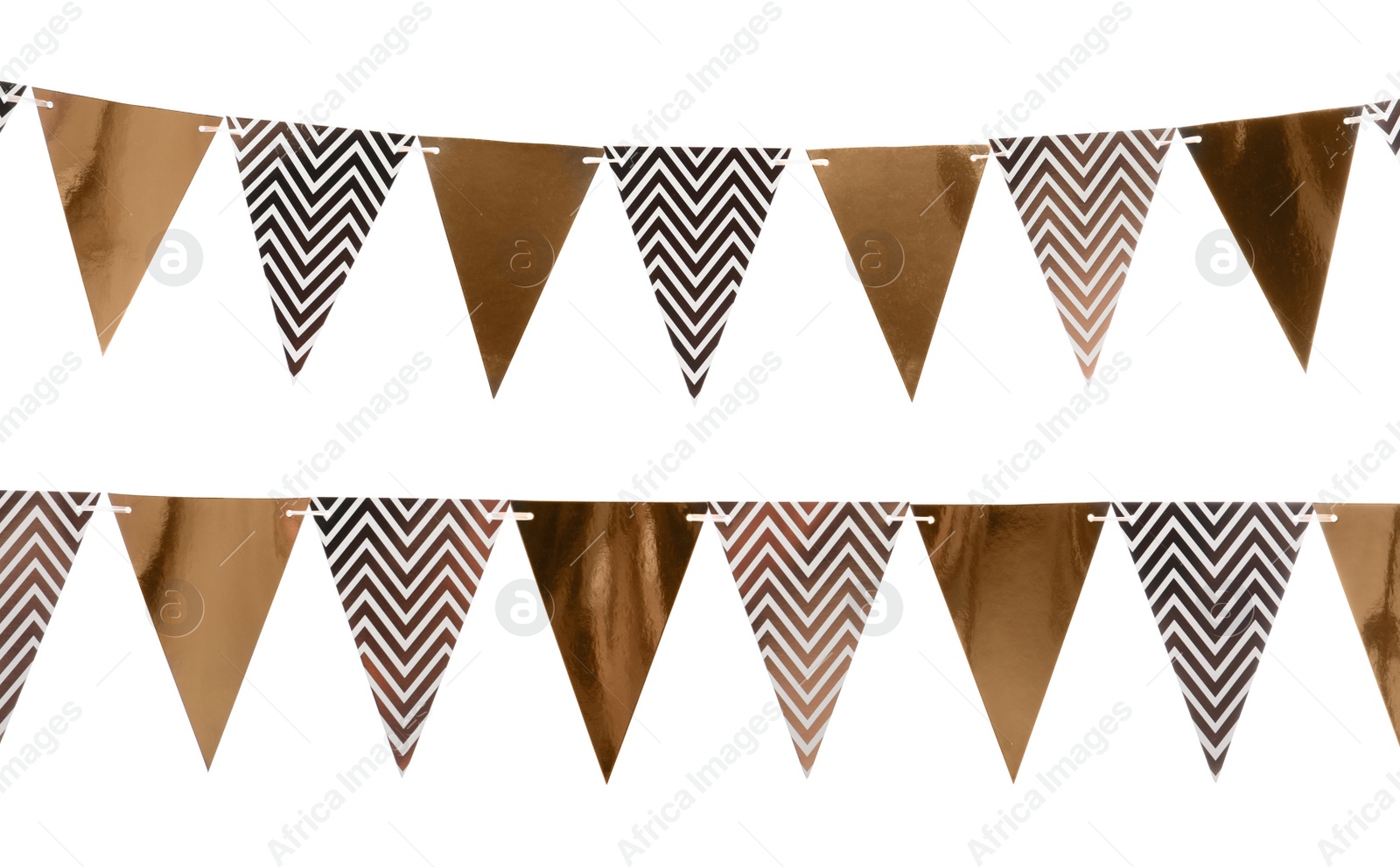 Photo of Rows of triangular bunting flags on white background. Festive decor