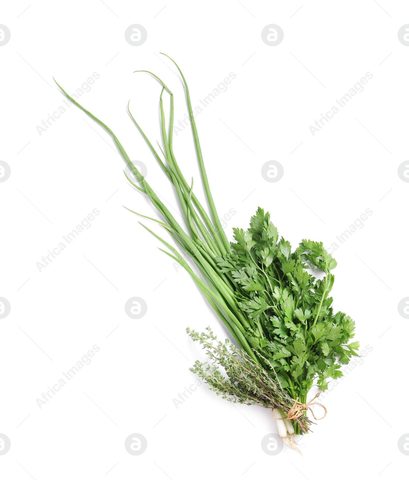 Photo of Fresh green onion, parsley and thyme on white background, top view. Aromatic herbs