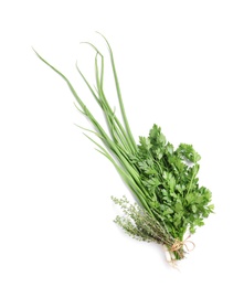 Photo of Fresh green onion, parsley and thyme on white background, top view. Aromatic herbs