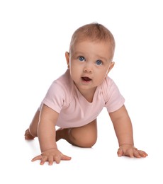 Photo of Cute little baby girl crawling on white background