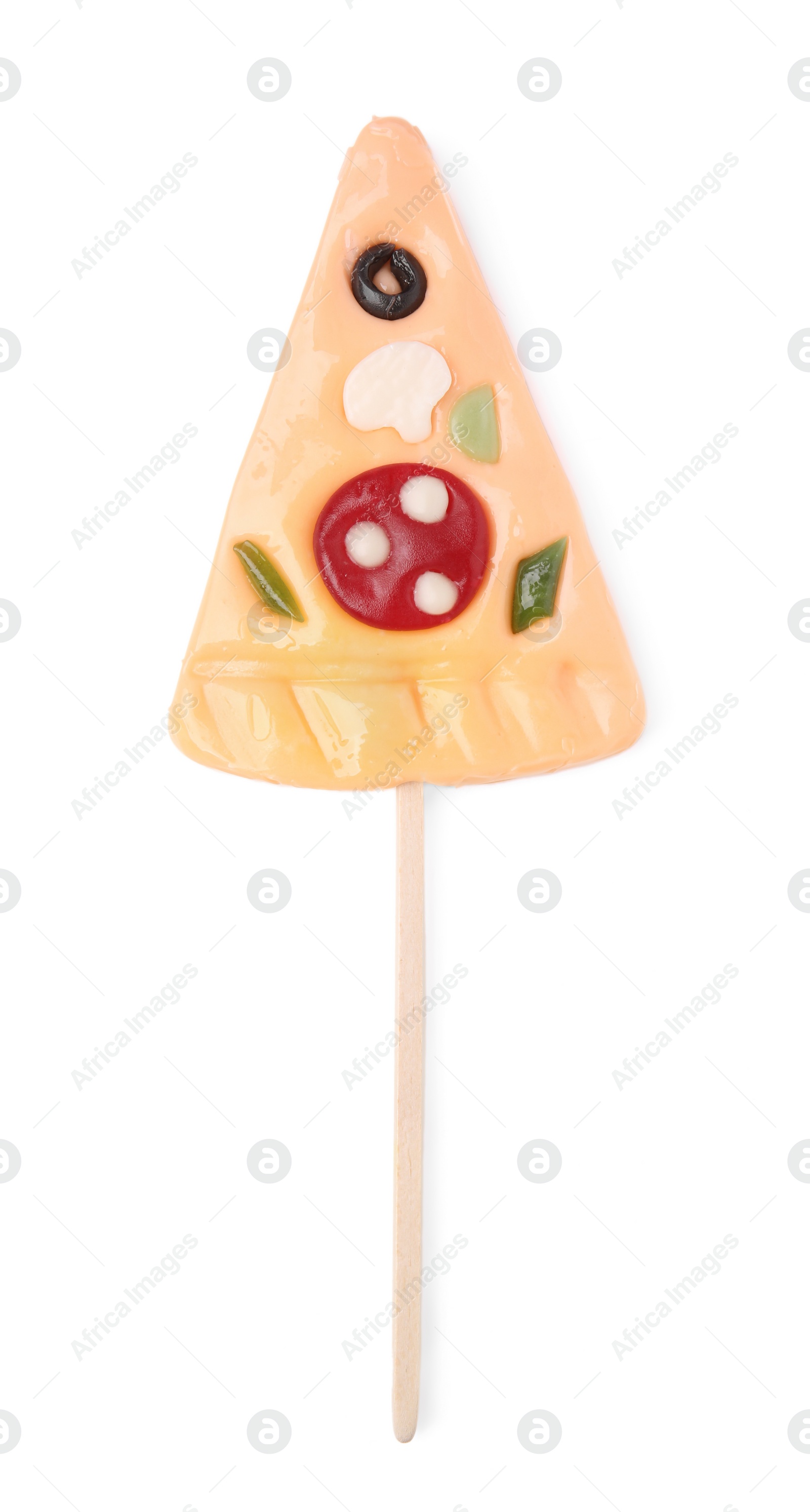 Photo of Pizza shaped lollipop isolated on white, top view