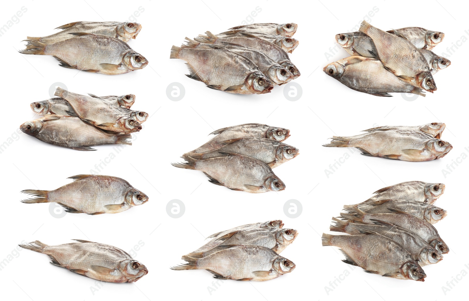 Image of Set of tasty dry fish on white background