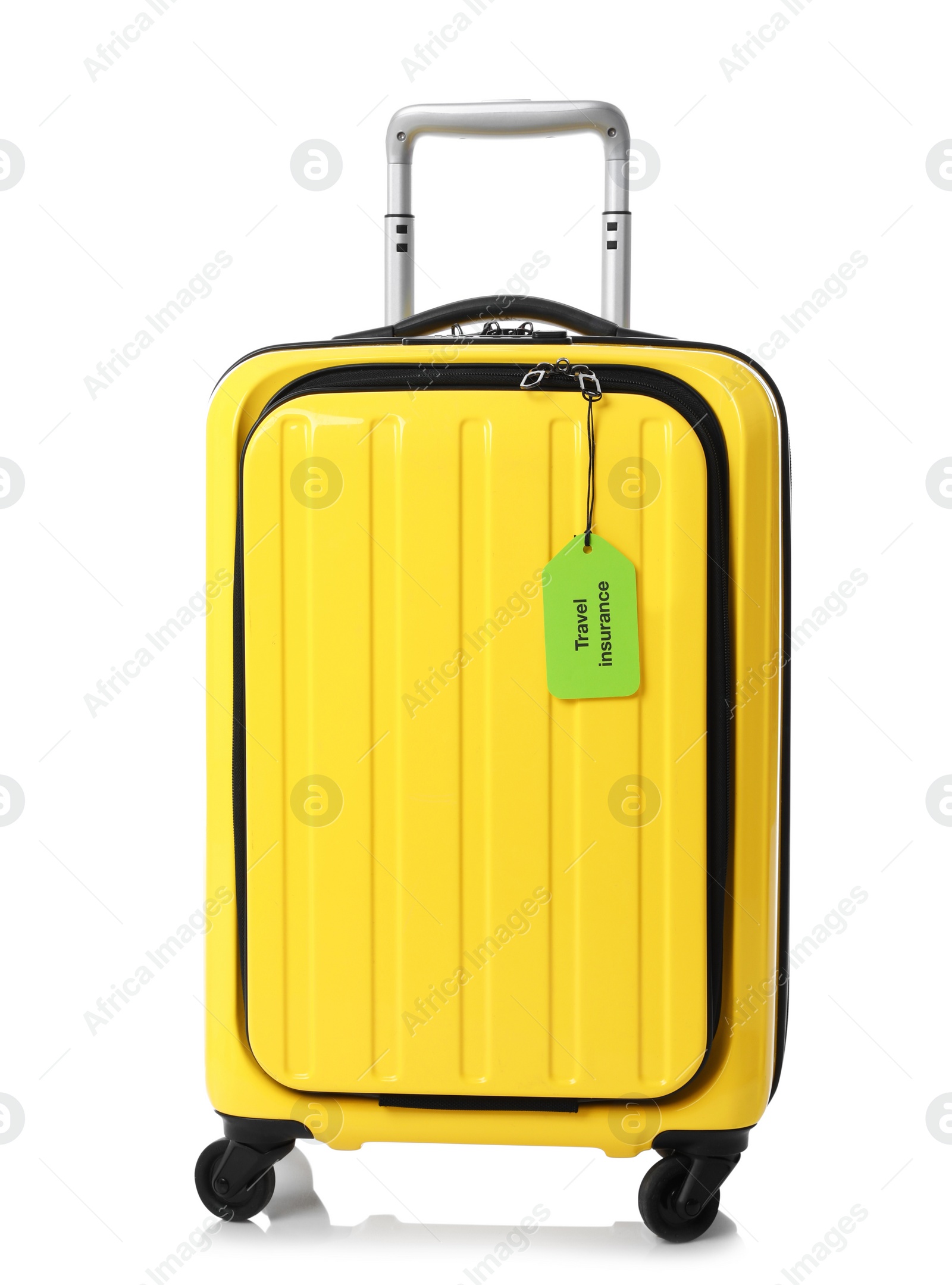 Photo of Yellow suitcase with TRAVEL INSURANCE label on white background