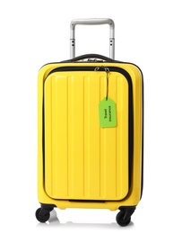 Yellow suitcase with TRAVEL INSURANCE label on white background