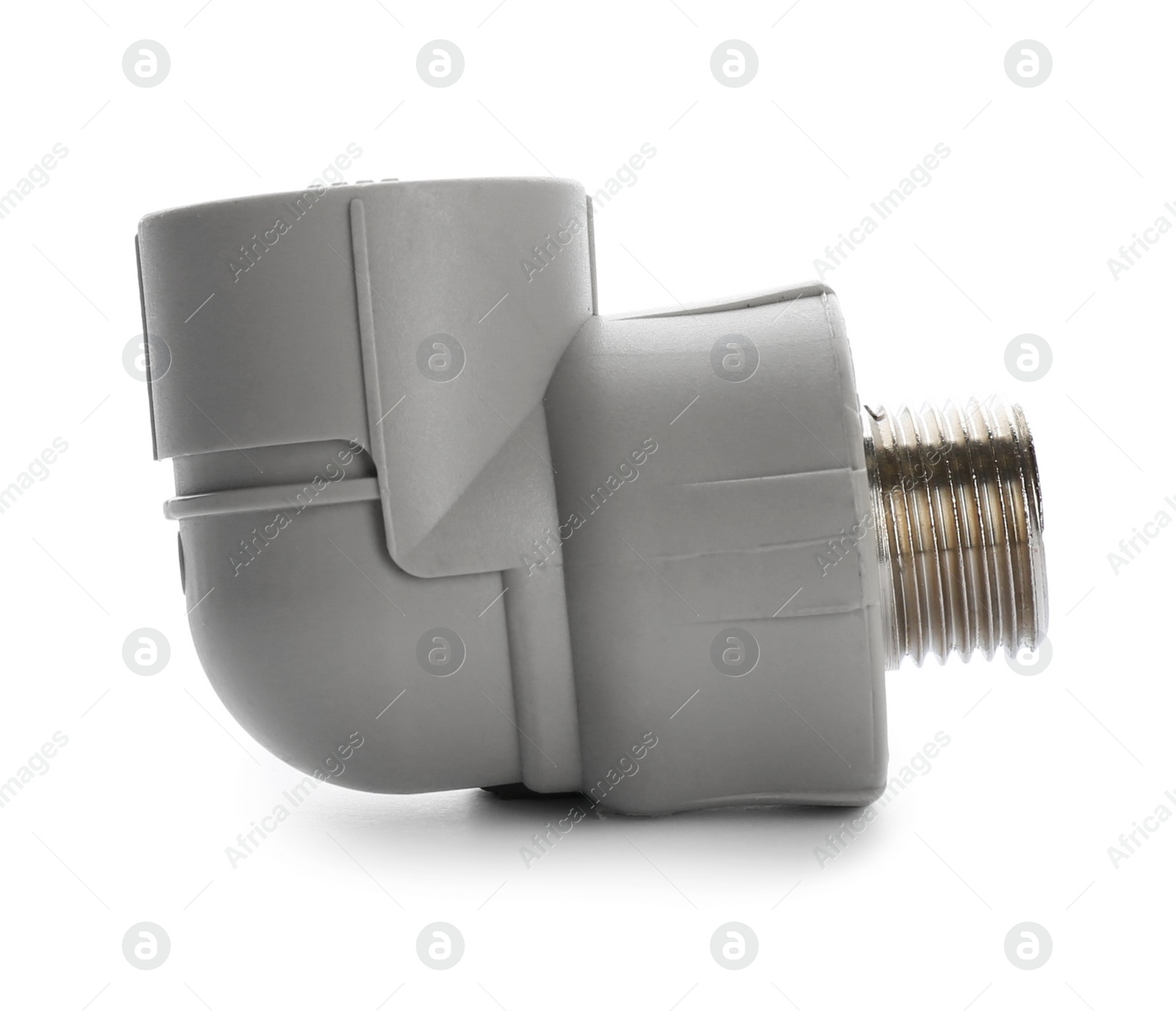 Photo of New pipe fitting on white background. Plumber's supply